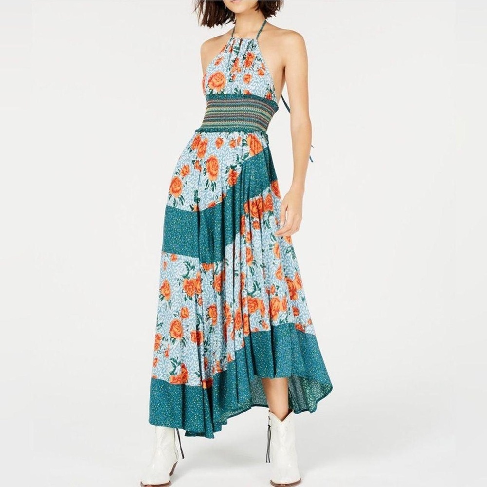 Free People Teal Floral Backless Halter Maxi Dress with Orange Roses - Picture 2 of 7